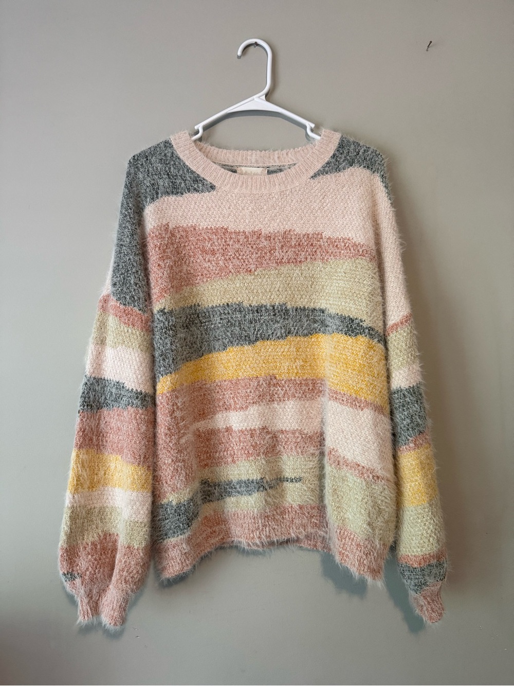 Cozy Multicolor Striped Fuzzy Sweater - Pink, Yellow & Gray